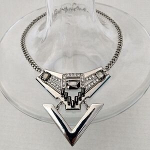 Silver Geometric Necklace w Black And Clear Stones